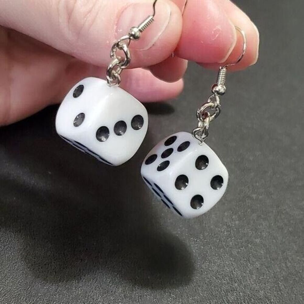 White and black dangling dice earrings